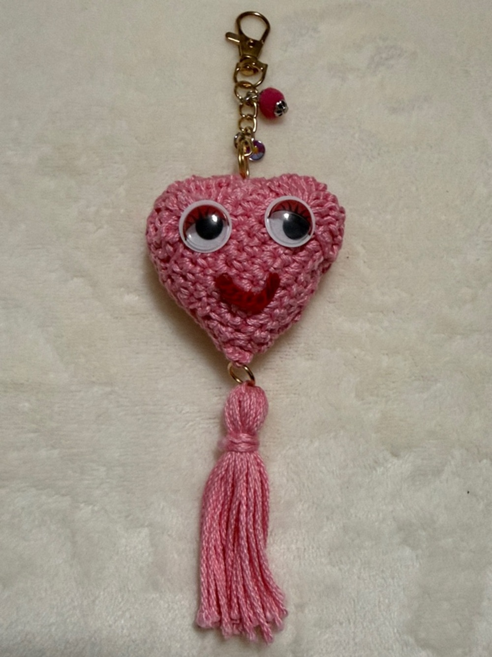 Pink Heart Tassel Crochet Keychain with Charms